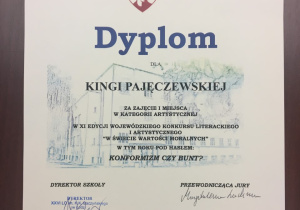 Dyplom Kingi za zajęcie I miejsca w kategorii artystycznej