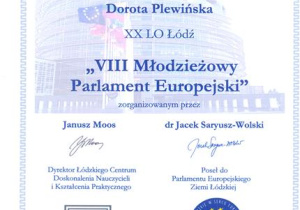 Dyplom za zajęcie V miejsca dla Plewińskiej