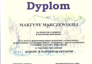 Dyplom za zajęcie drugiego miejsca w kategorii medialnej