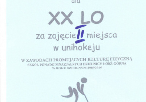 Dyplom za zajęcie drugiego miejsca w unihokeju