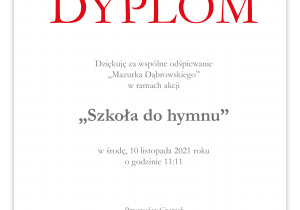Dyplom "Szkoła do hymnu"