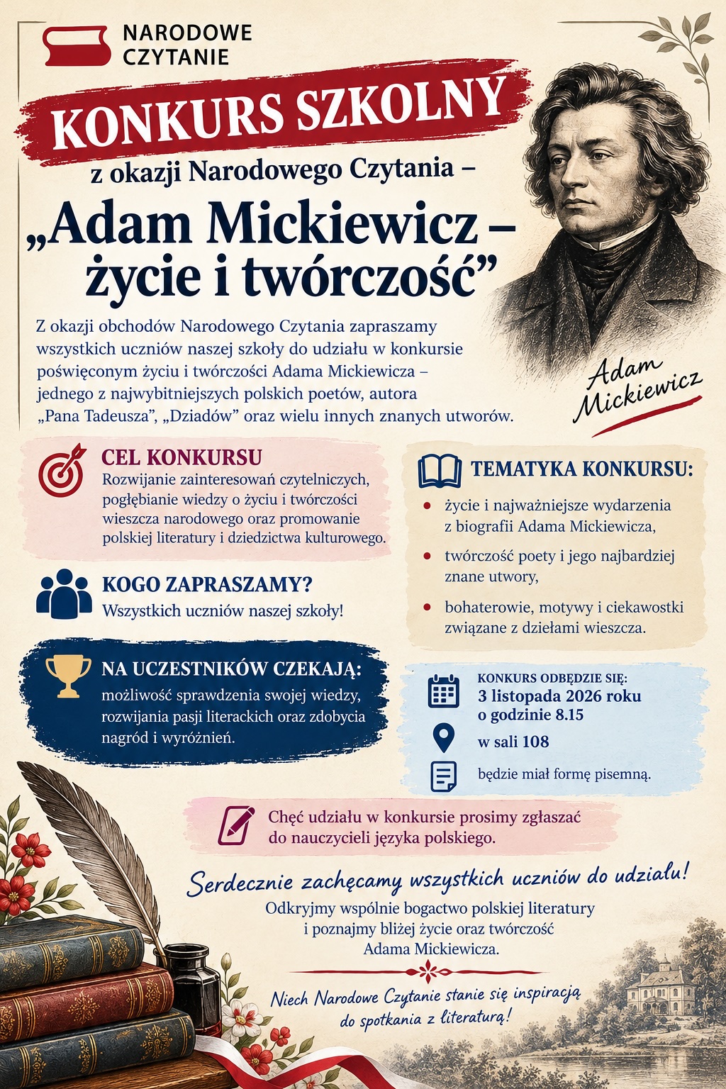 Plakat - Konkurs szkolny z okazji Narodowego Czytania – „Adam Mickiewicz – życie i twórczość”